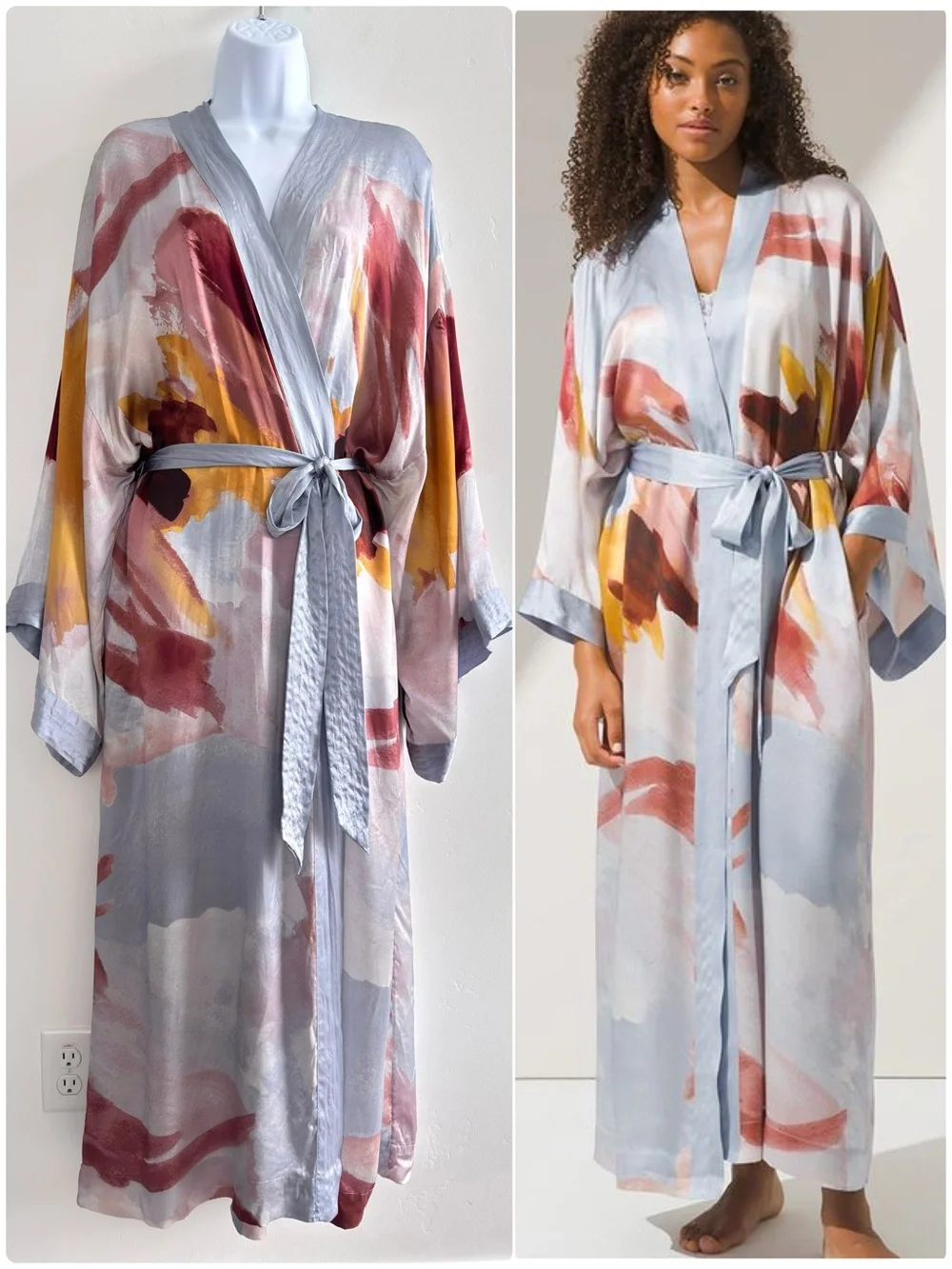 Soma Sensual 100% Silk Kimono Long Robe Abstract Watercolor Print Belt L/XL Tall